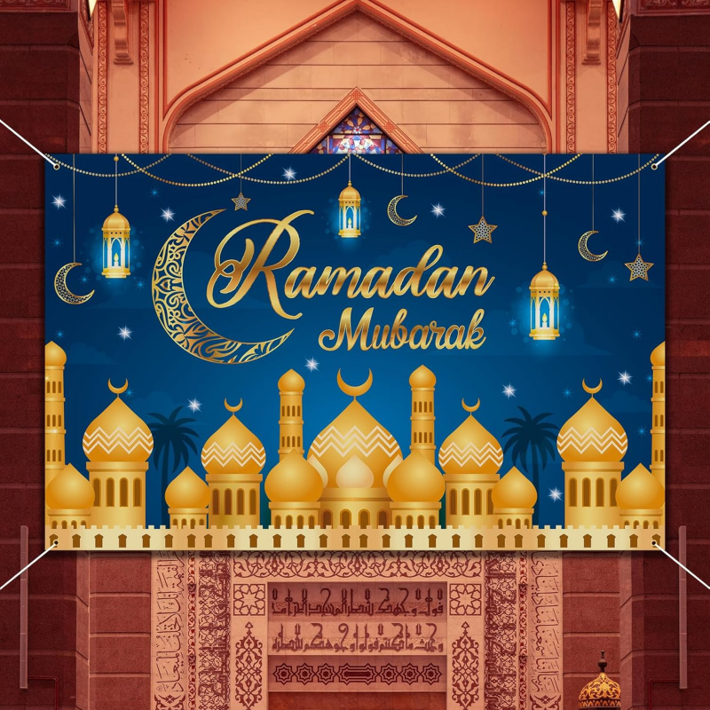 Party Banner Gold - VIKAMA Ramadan Mubarak Blue Gold Mosque