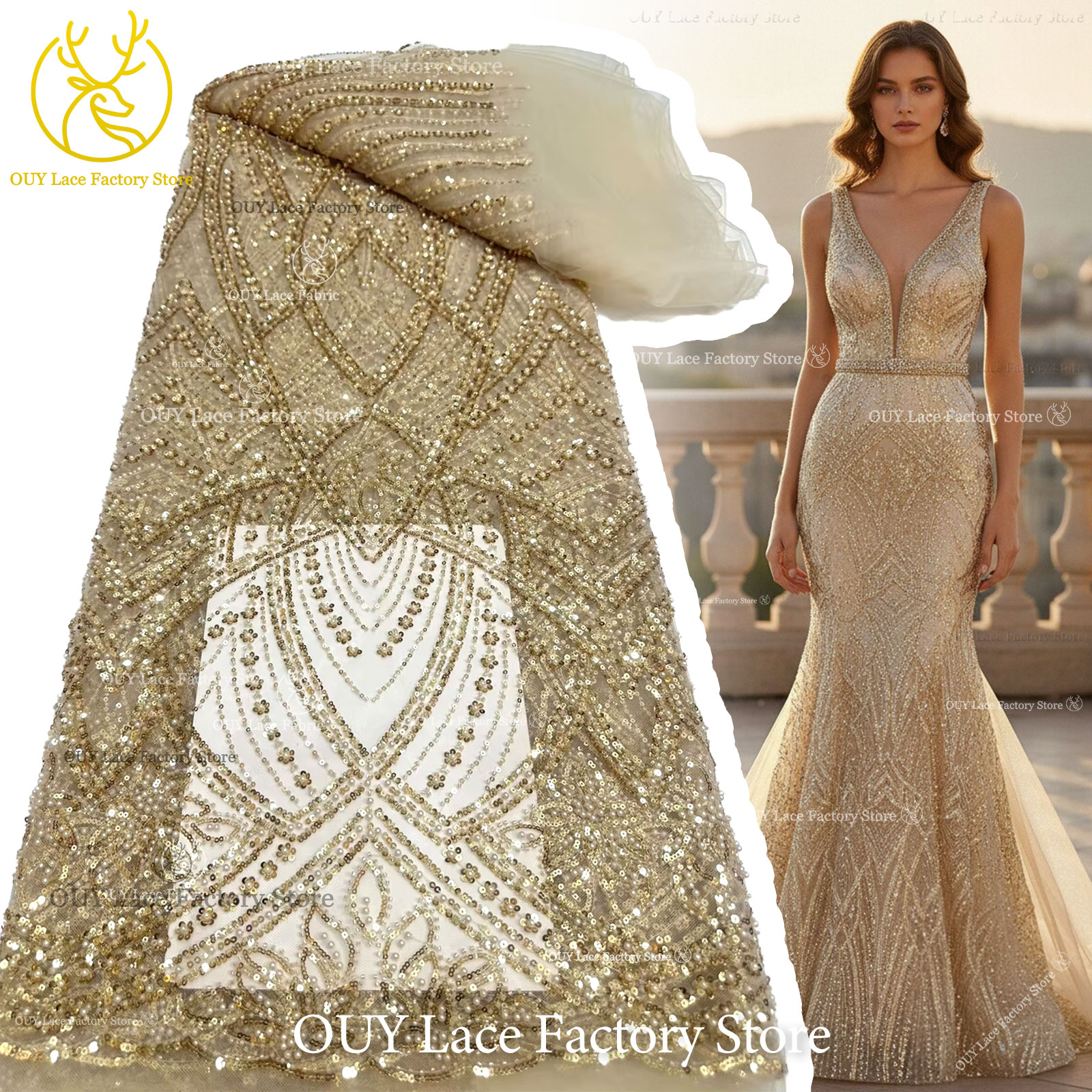 African Gold Beaded Lace Fabri - огляд і ціна Glitter Tablecloth